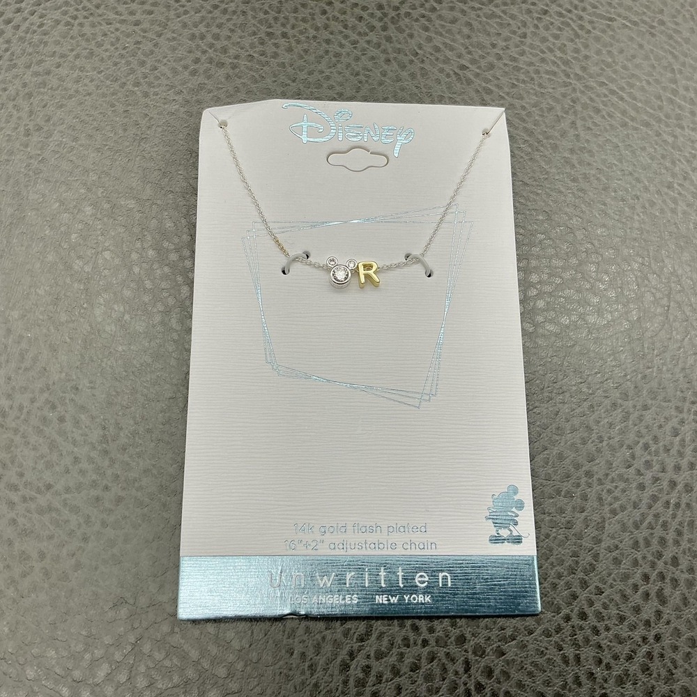 Disney Necklace Silver Mickey Mouse R Initial Crystal Gold Plated 18" Jewelry‎